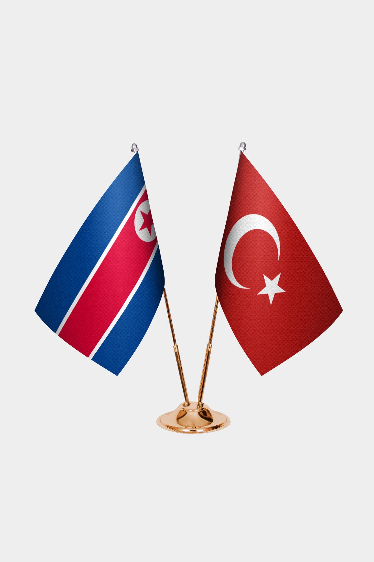 North Korea and Turkey desk flag set with gold pole and base
