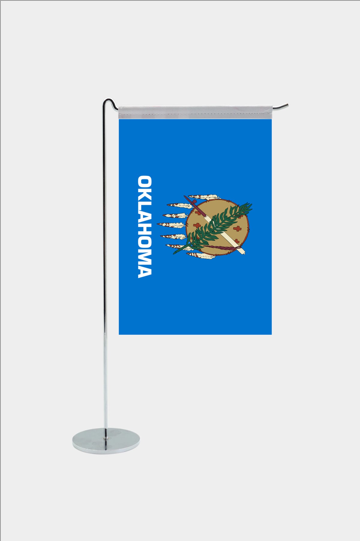Oklahoma state desk flag with chrome L-shaped stand - premium double-layer satin office flag