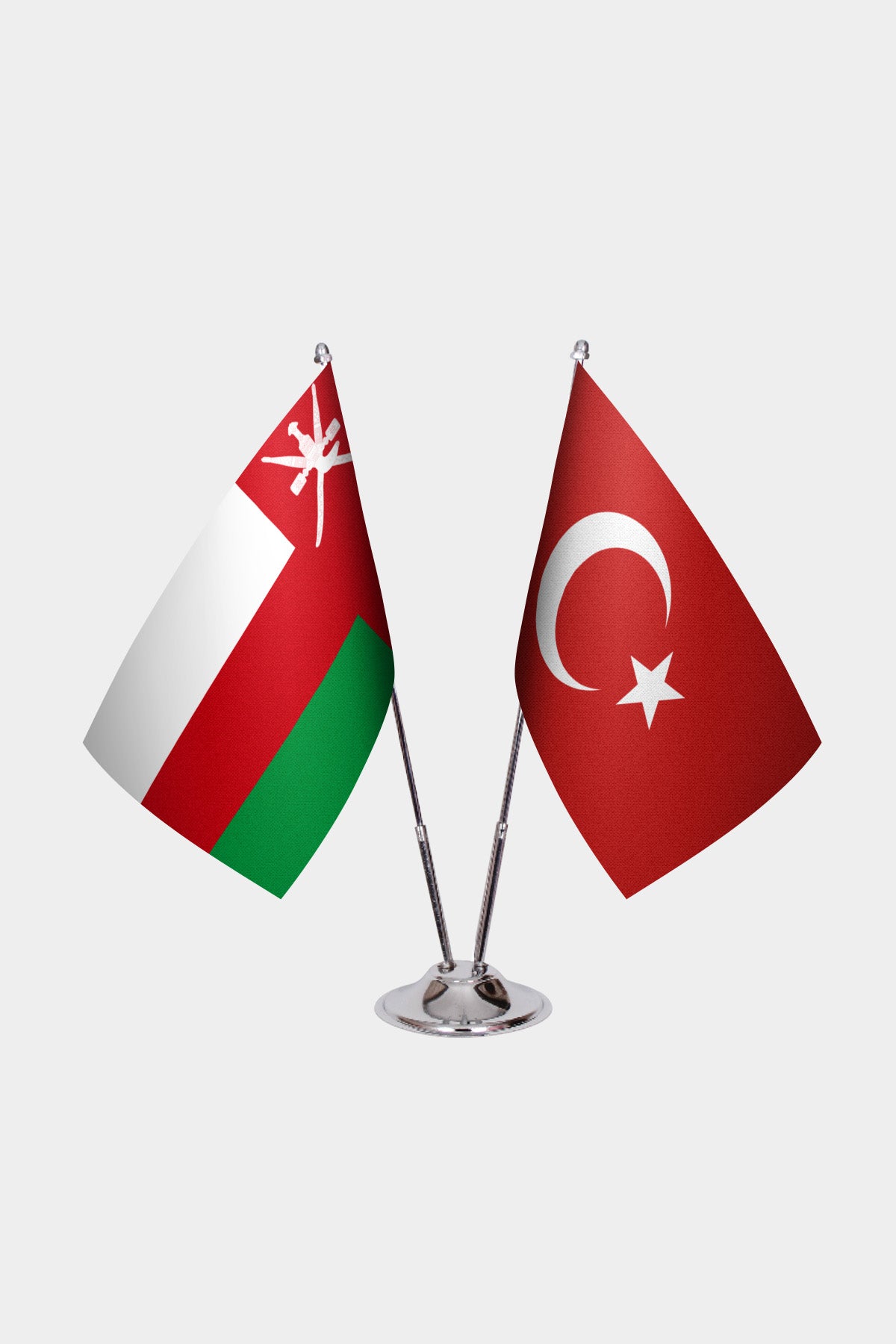 Oman and Turkey desk flag set with chrome pole and base