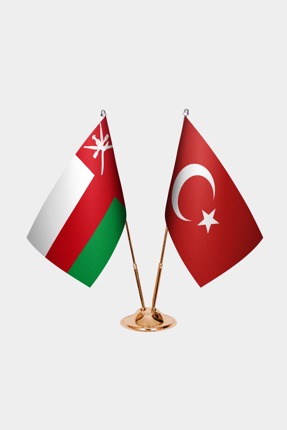 Oman and Turkey desk flag set with gold pole and base