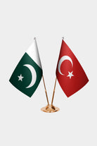 Pakistan and Turkey desk flag set with gold pole and base