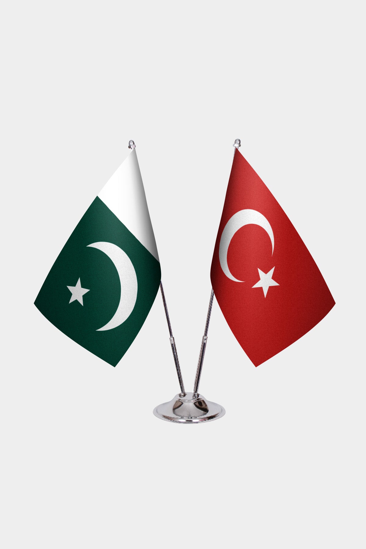 Pakistan and Turkey desk flag set with chrome pole and base