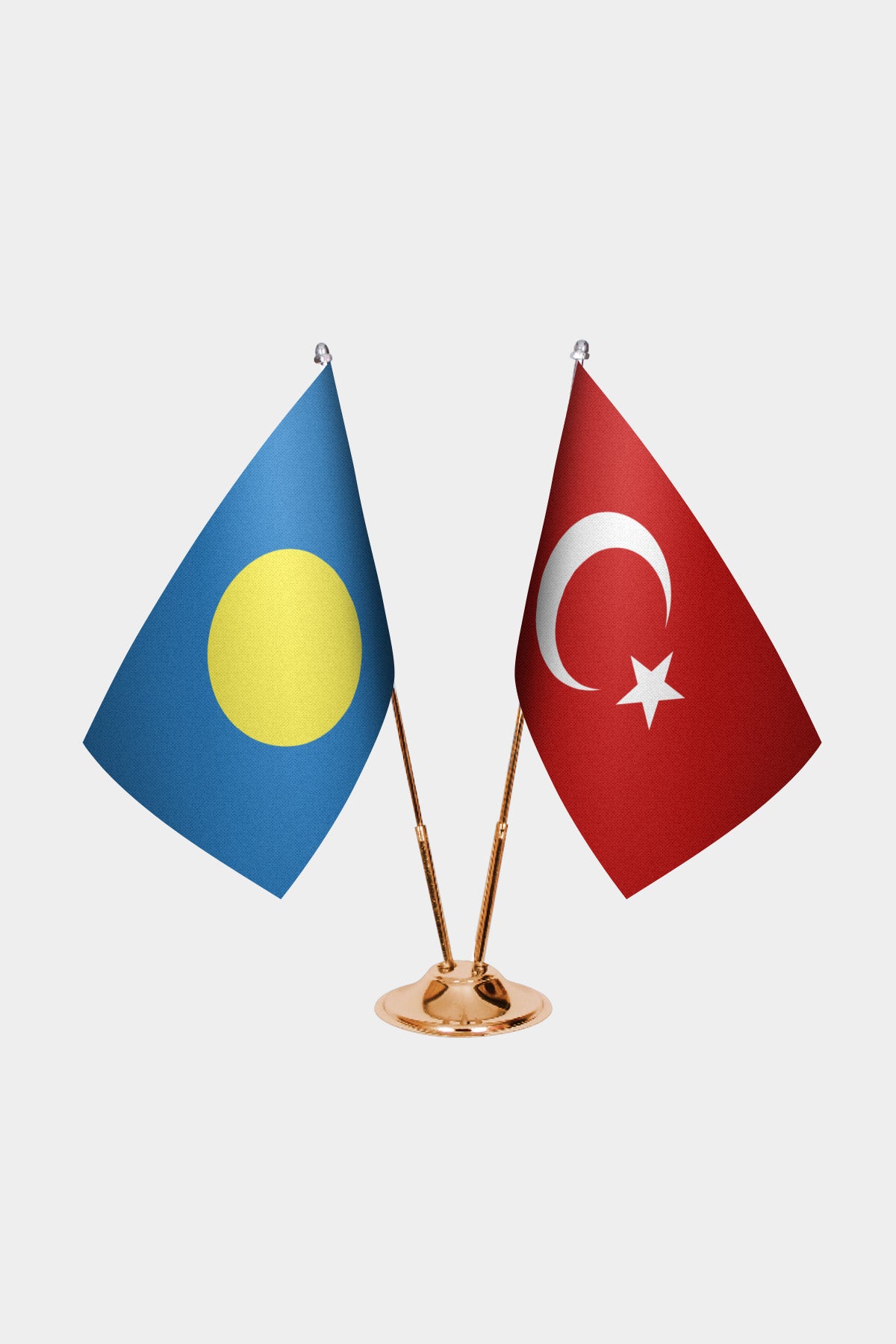 Palau and Turkey desk flag set with gold pole and base