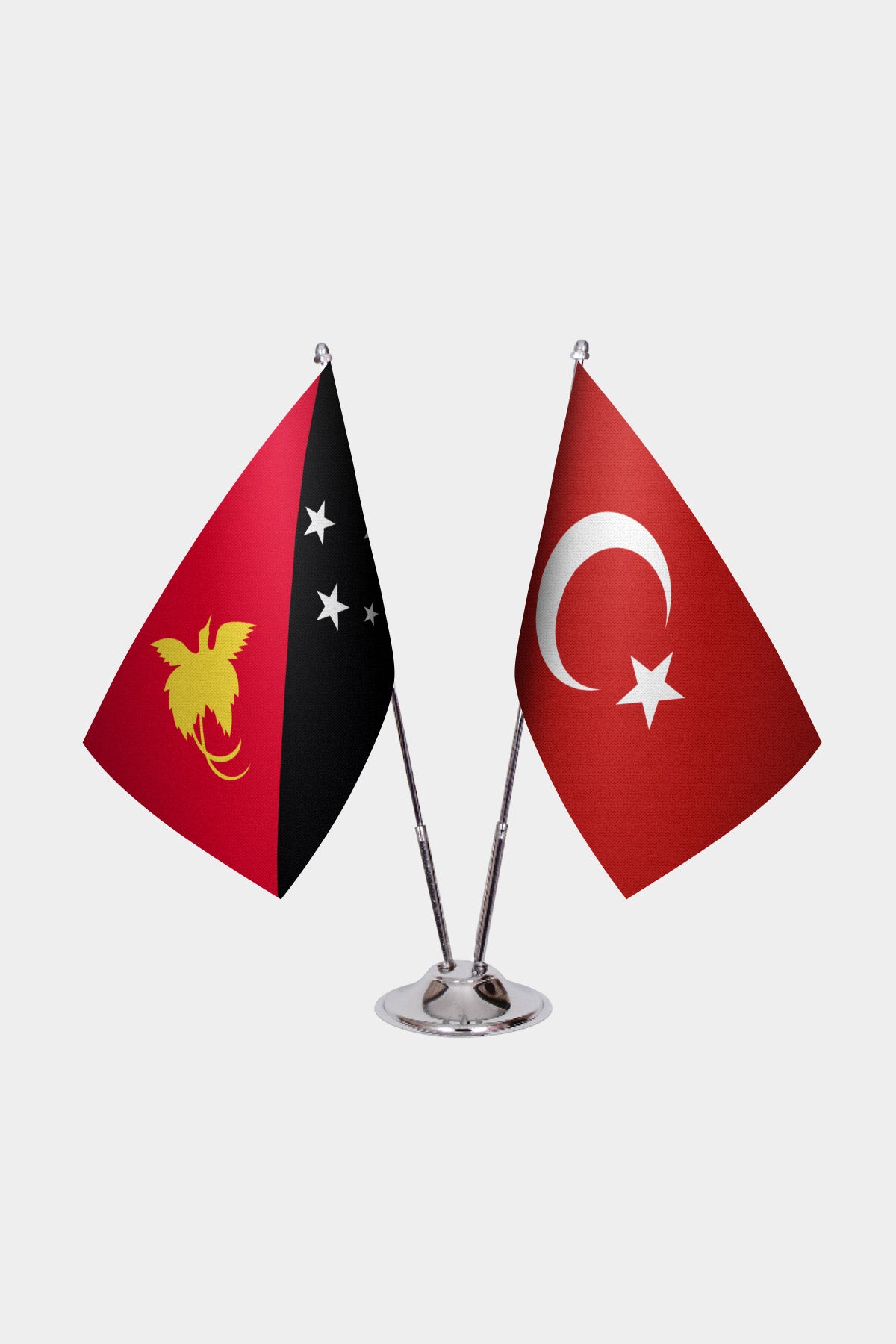 Papua New Guinea and Turkey desk flag set with chrome pole and base