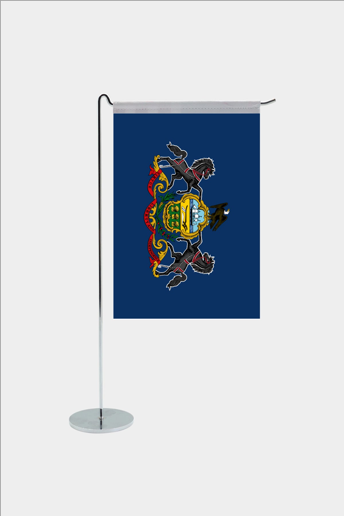 Pennsylvania state desk flag with chrome L-shaped stand - premium double-layer satin office flag