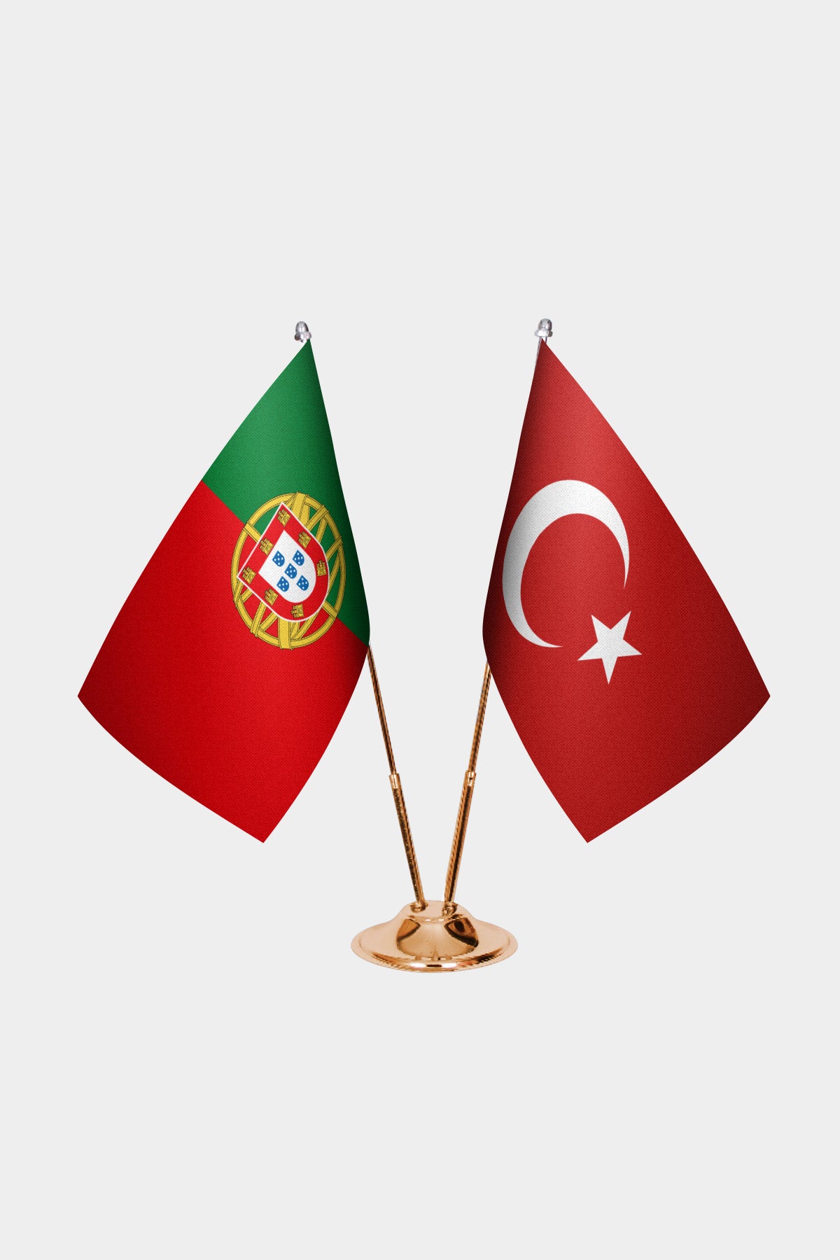 Portugal and Turkey desk flag set with gold pole and base