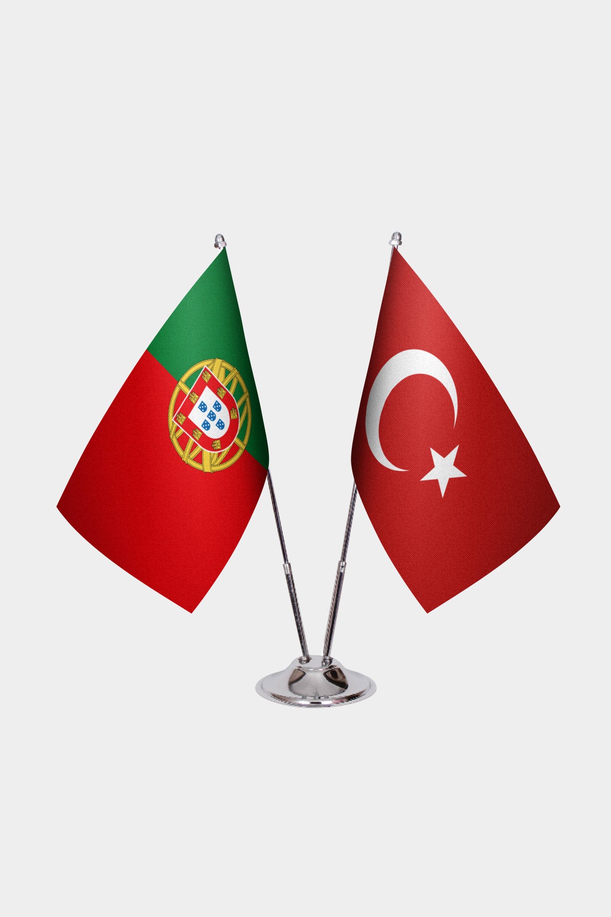 Portugal and Turkey desk flag set with chrome pole and base