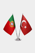 Portugal and Turkey desk flag set with chrome pole and base