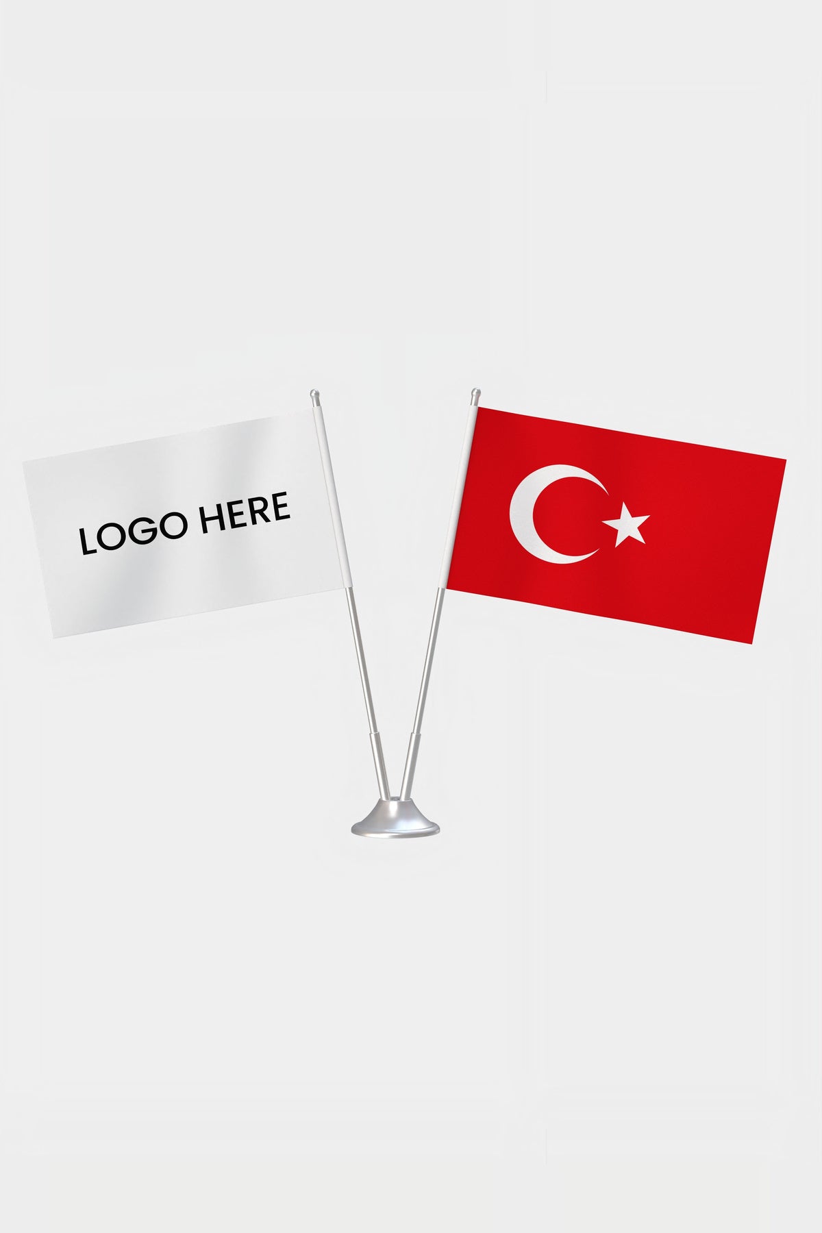 Logo Baskılı Türk Masa Bayrağı Seti — krom direkli set, logo alanı örneği