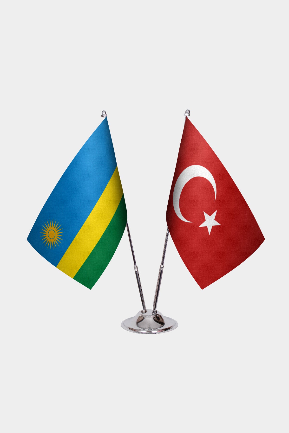 Rwanda and Turkey desk flag set with chrome pole and base
