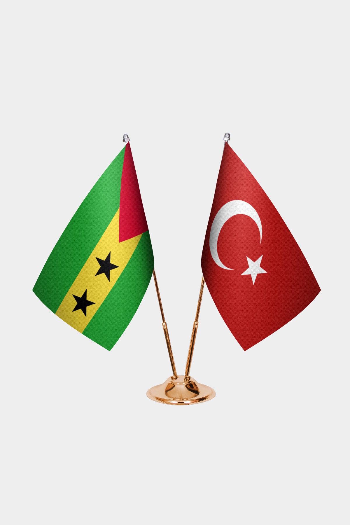 São Tomé & Príncipe and Turkey desk flag set with gold pole and base