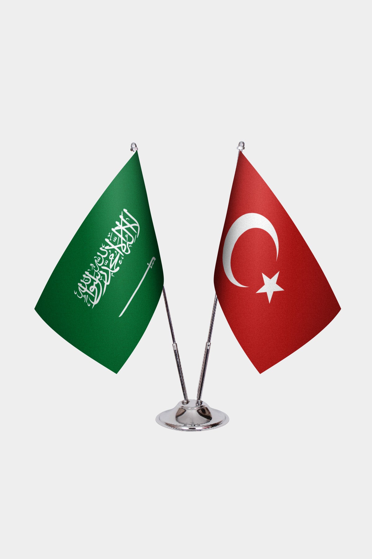 Saudi Arabia and Turkey desk flag set with chrome pole and base