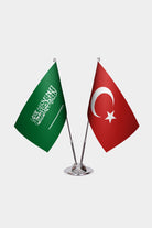Saudi Arabia and Turkey desk flag set with chrome pole and base