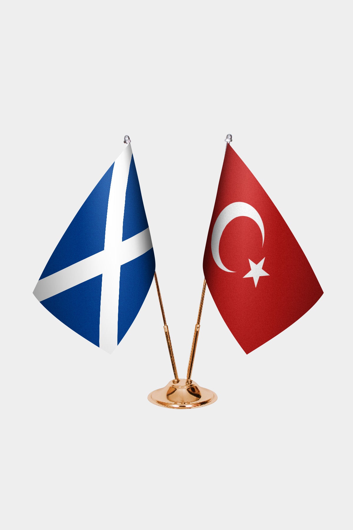 Scotland and Turkey desk flag set with gold pole and base