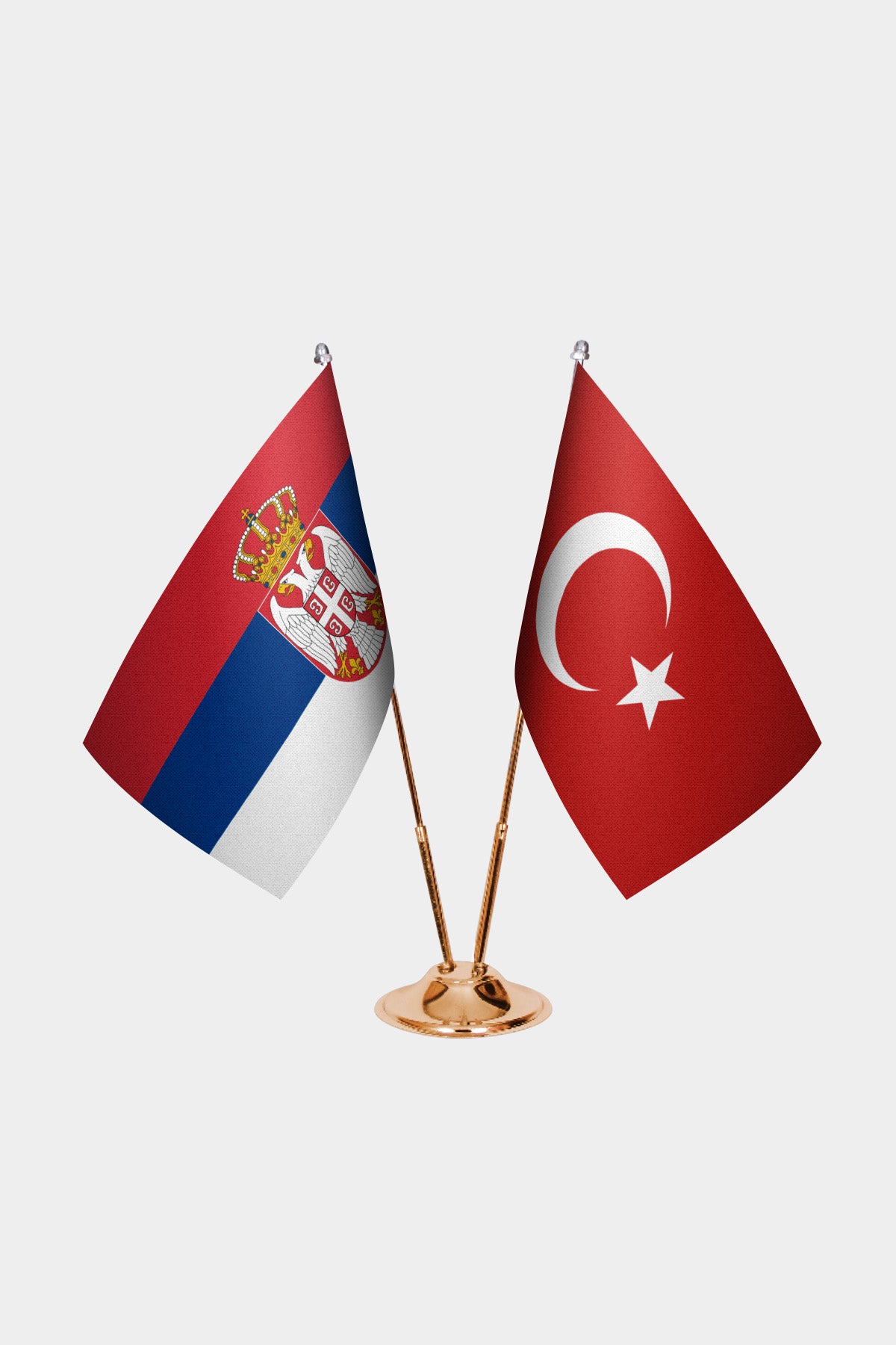 Serbia and Turkey desk flag set with gold pole and base