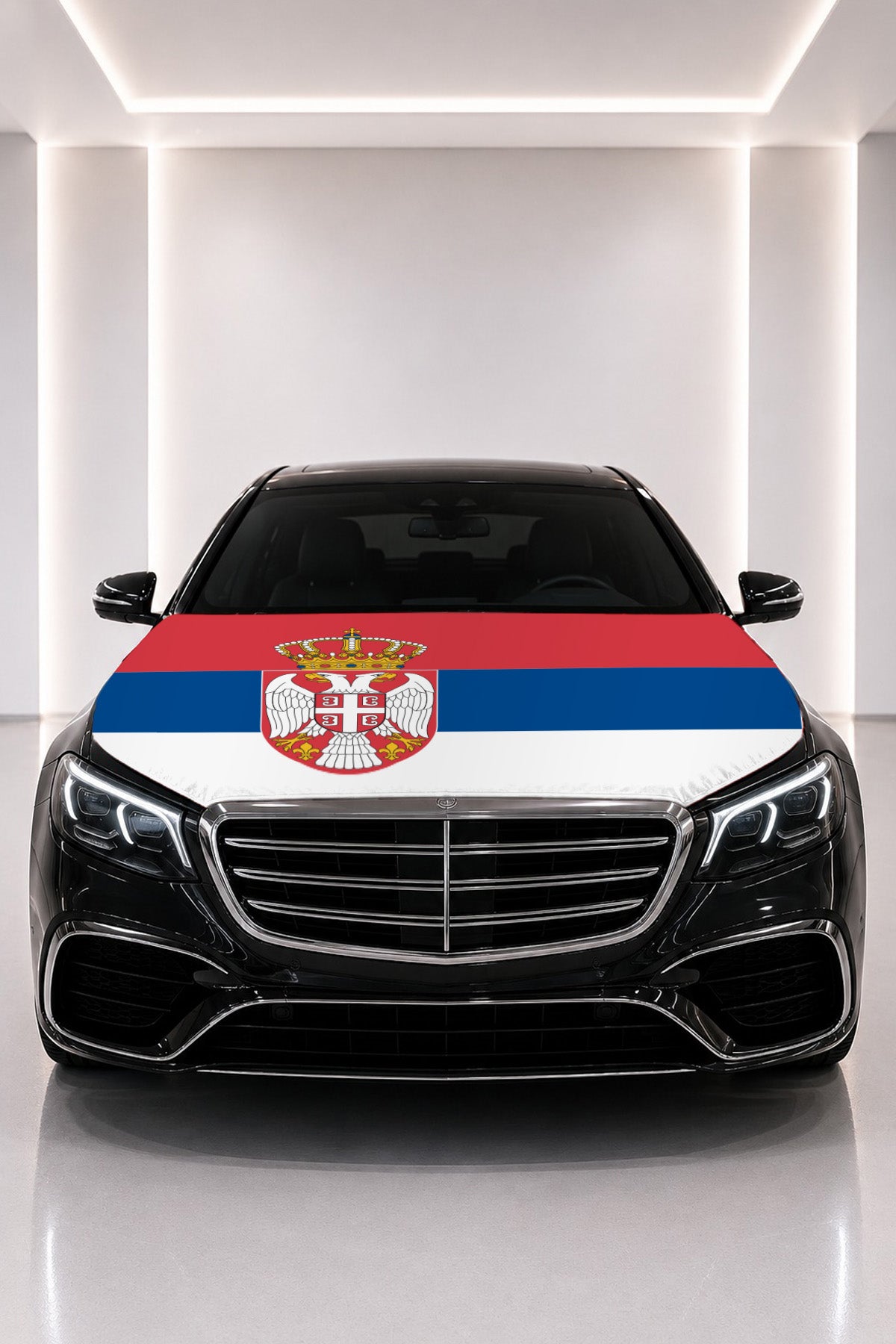 Serbia flag car hood cover fitted on a black car bonnet