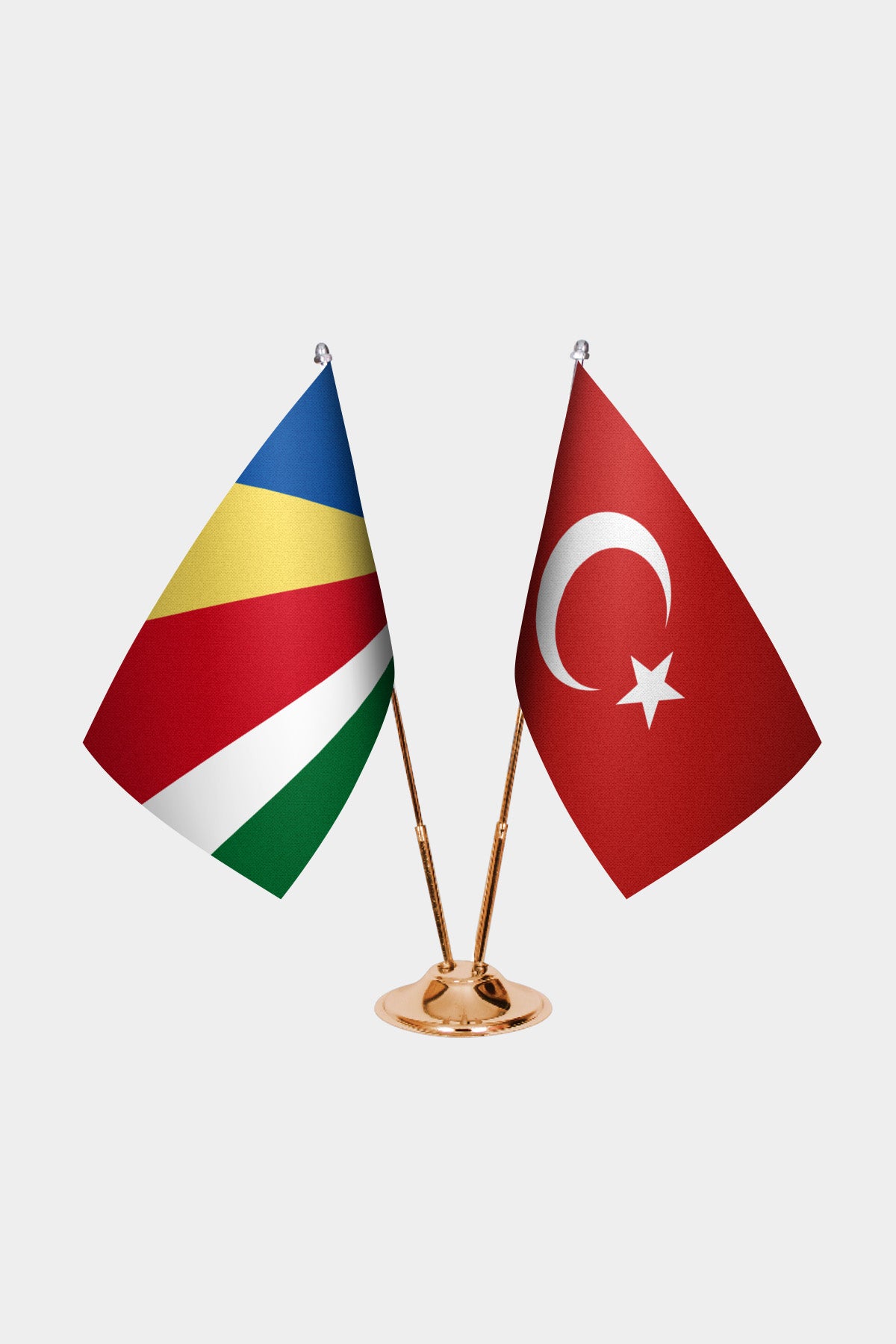 Seychelles and Turkey desk flag set with gold pole and base