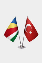 Seychelles and Turkey desk flag set with chrome pole and base