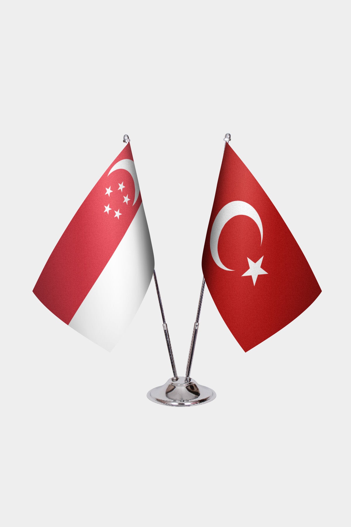 Singapore and Turkey desk flag set with chrome pole and base
