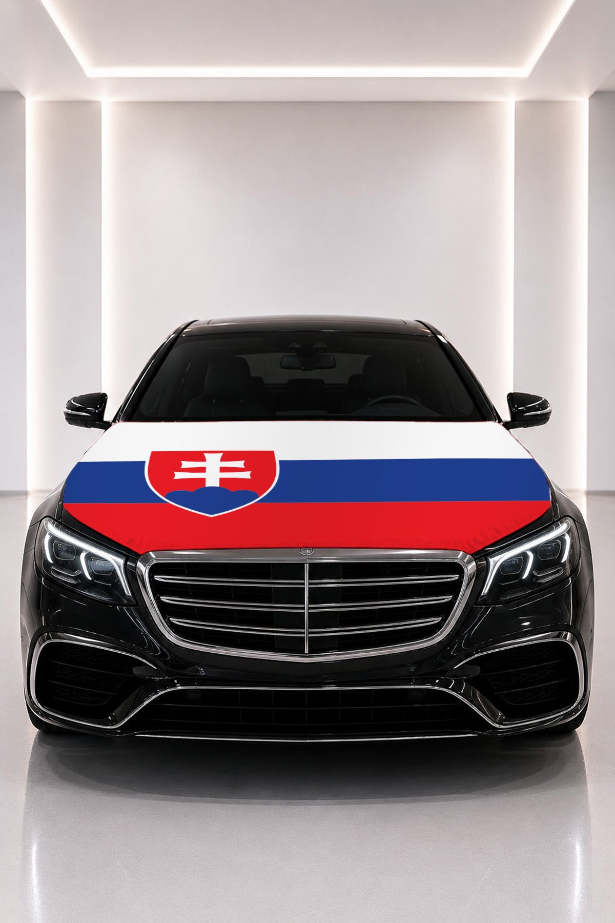 Slovakia flag car hood cover fitted on a black car bonnet