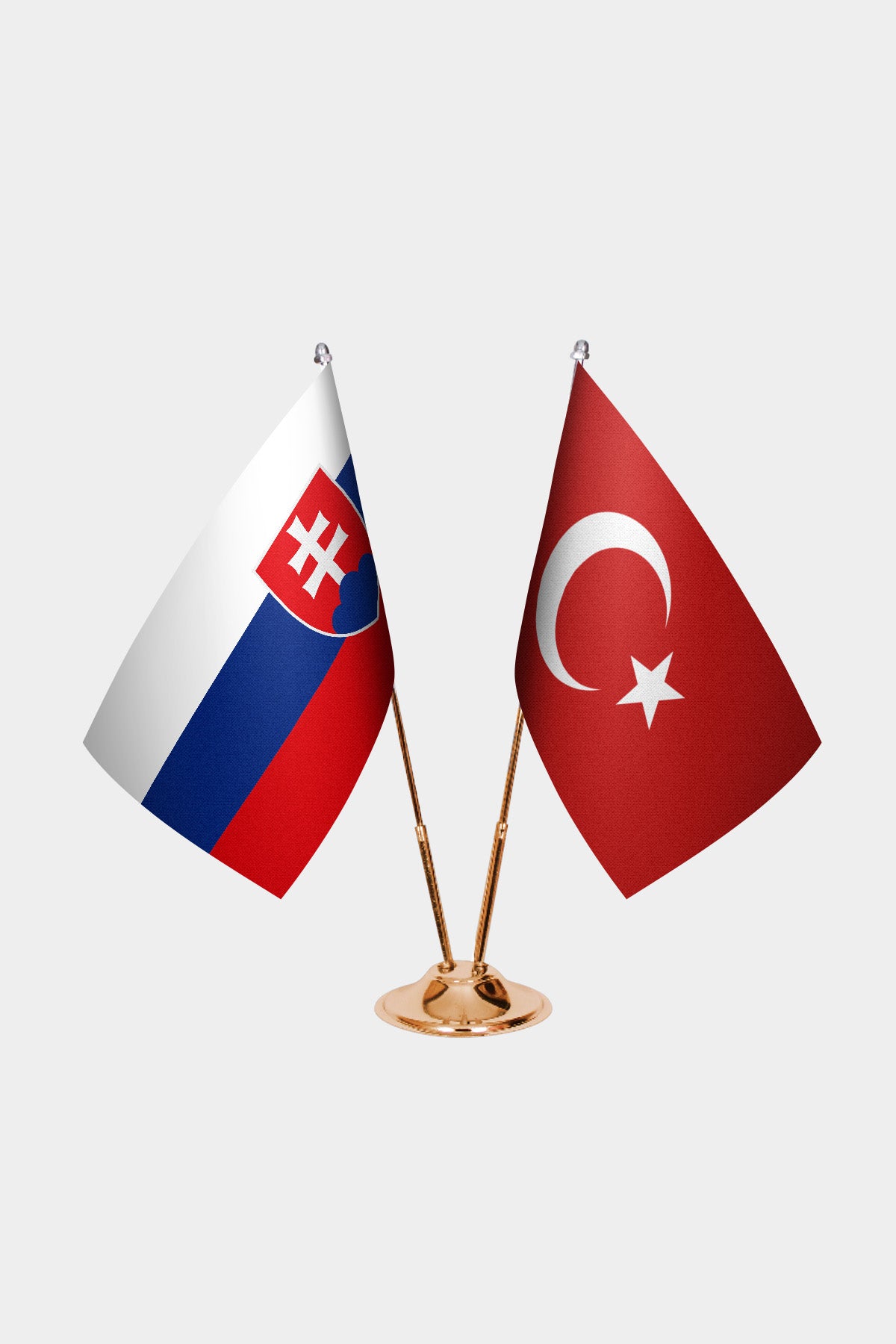 Slovakia and Turkey desk flag set with gold pole and base