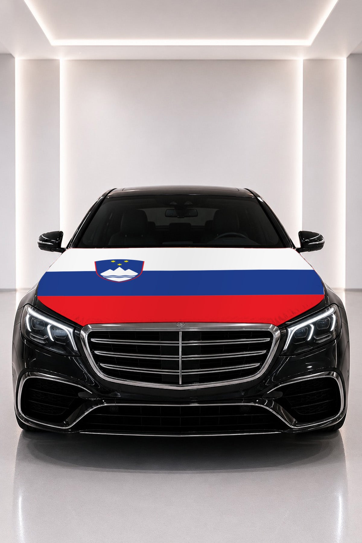 Slovenia flag car hood cover fitted on a black car bonnet