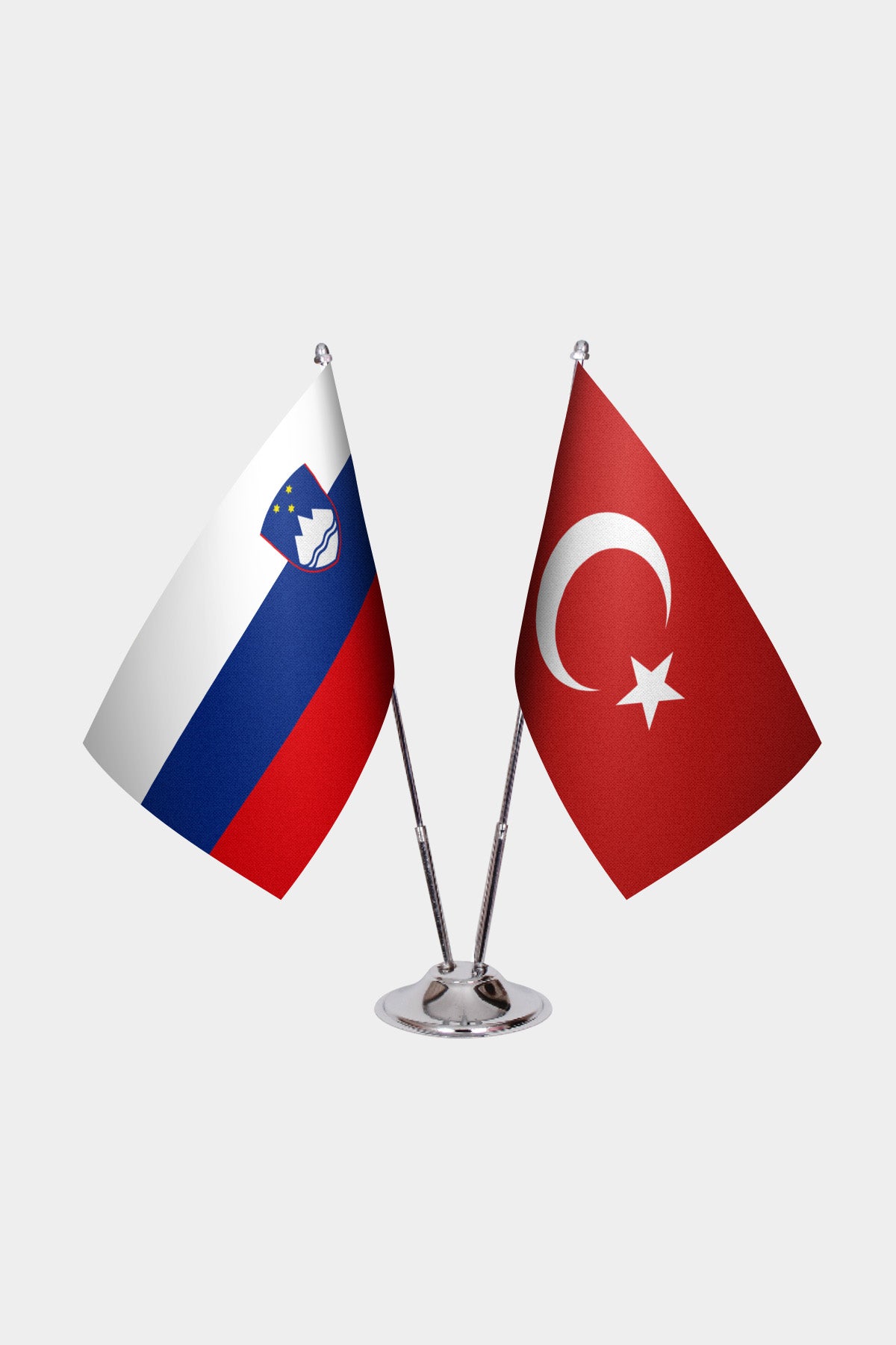 Slovenia and Turkey desk flag set with chrome pole and base