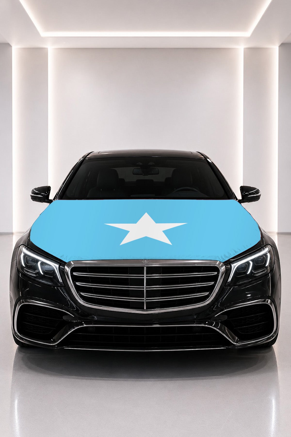 Somalia flag car hood cover fitted on a black car bonnet