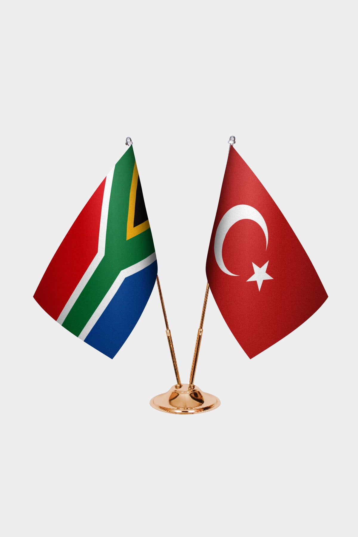 South Africa and Turkey desk flag set with gold pole and base