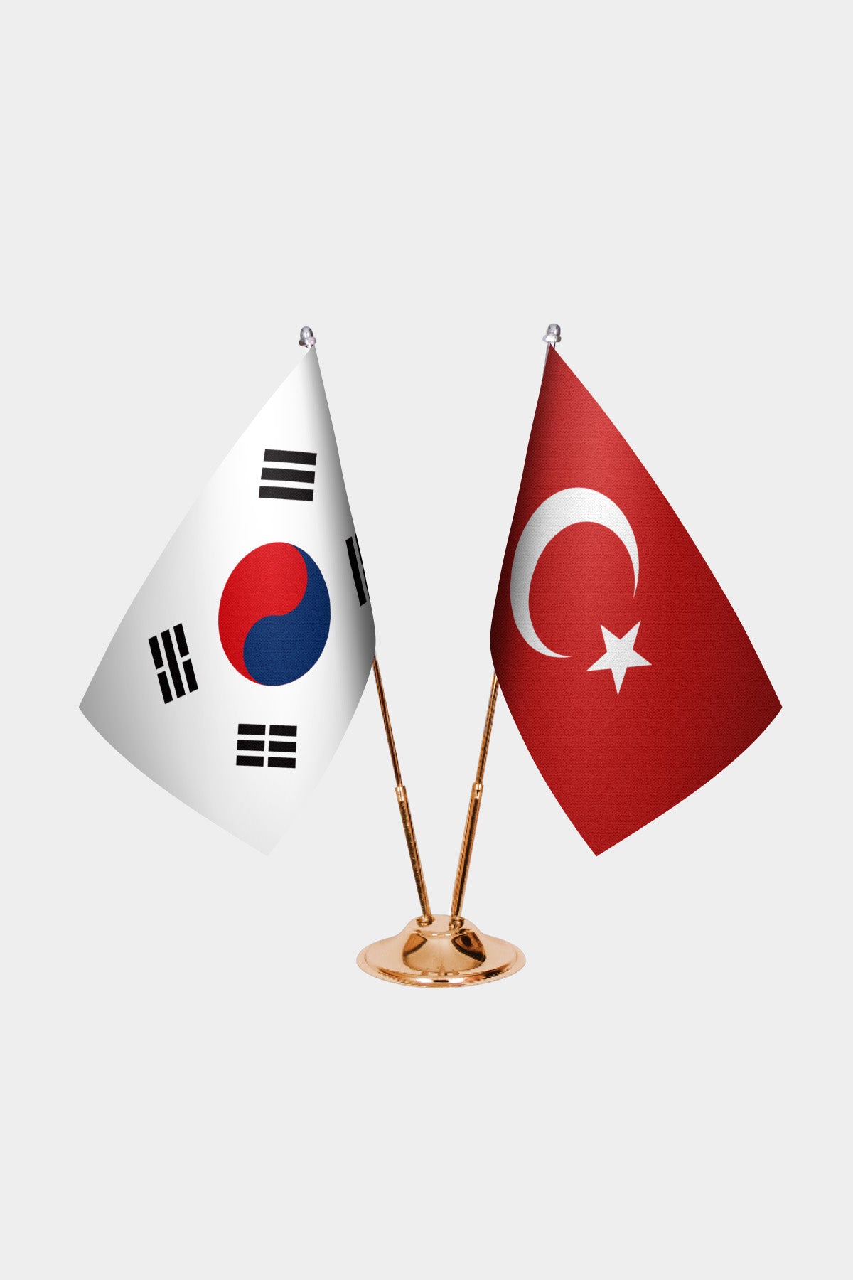 South Korea and Turkey desk flag set with gold pole and base