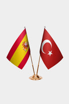 Spain and Turkey desk flag set with gold pole and base
