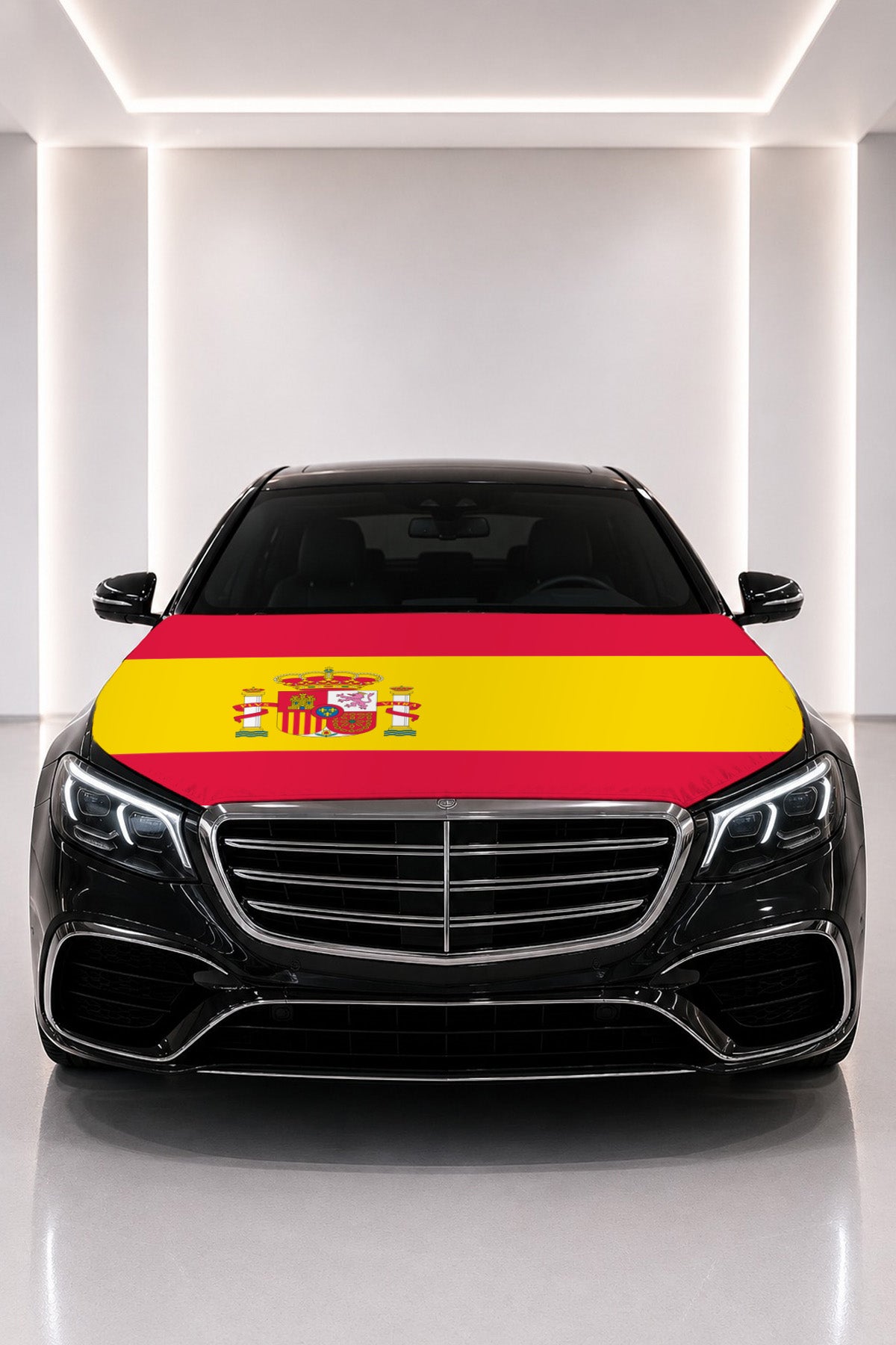 Spain flag car hood cover fitted on a black car bonnet