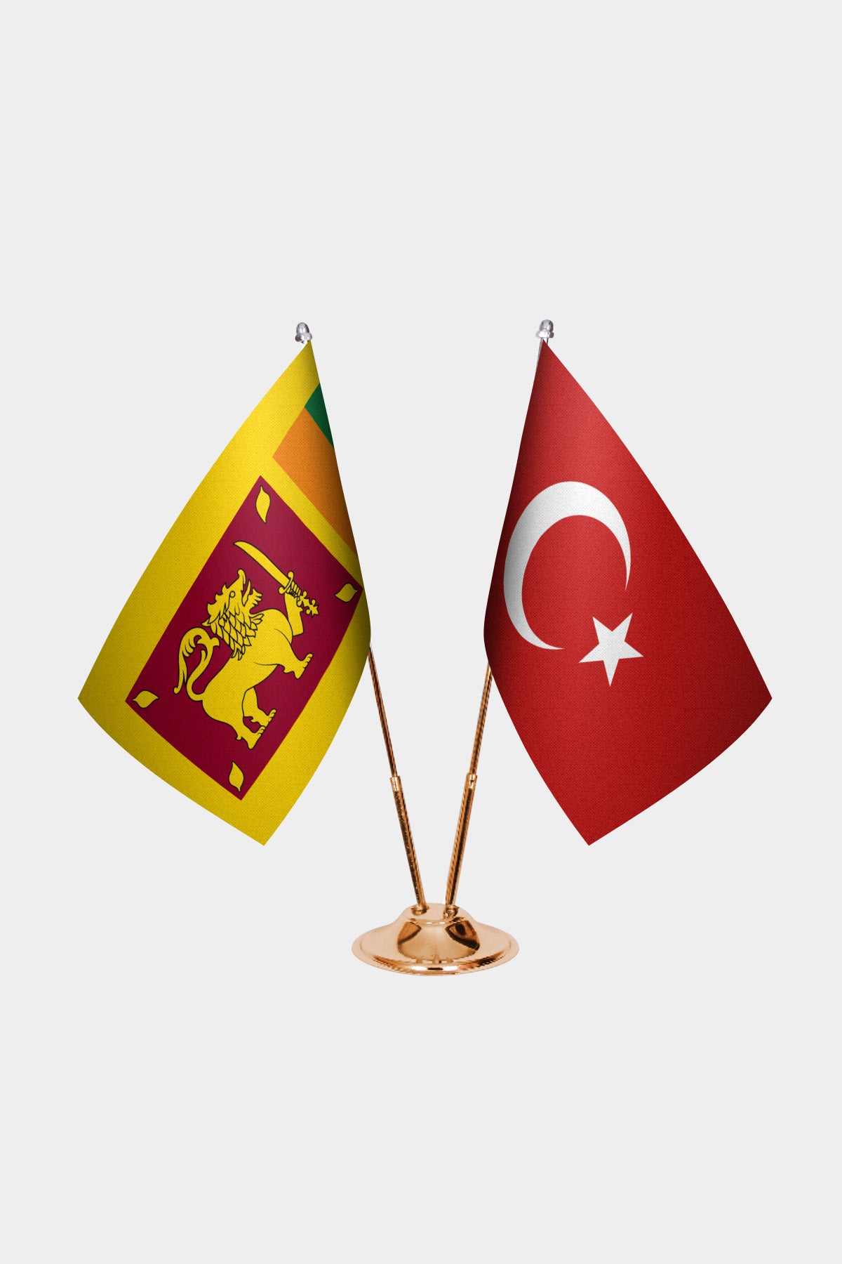 Sri Lanka and Turkey desk flag set with gold pole and base