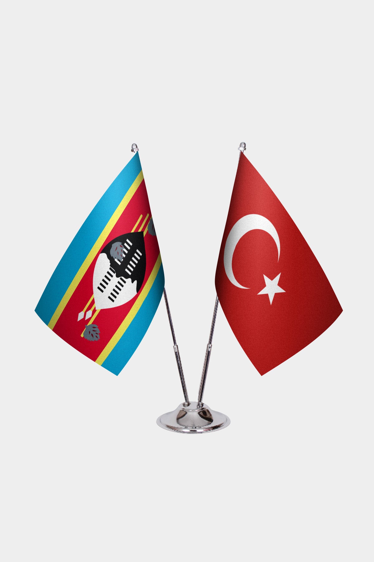 Eswatini and Turkey desk flag set with chrome pole and base