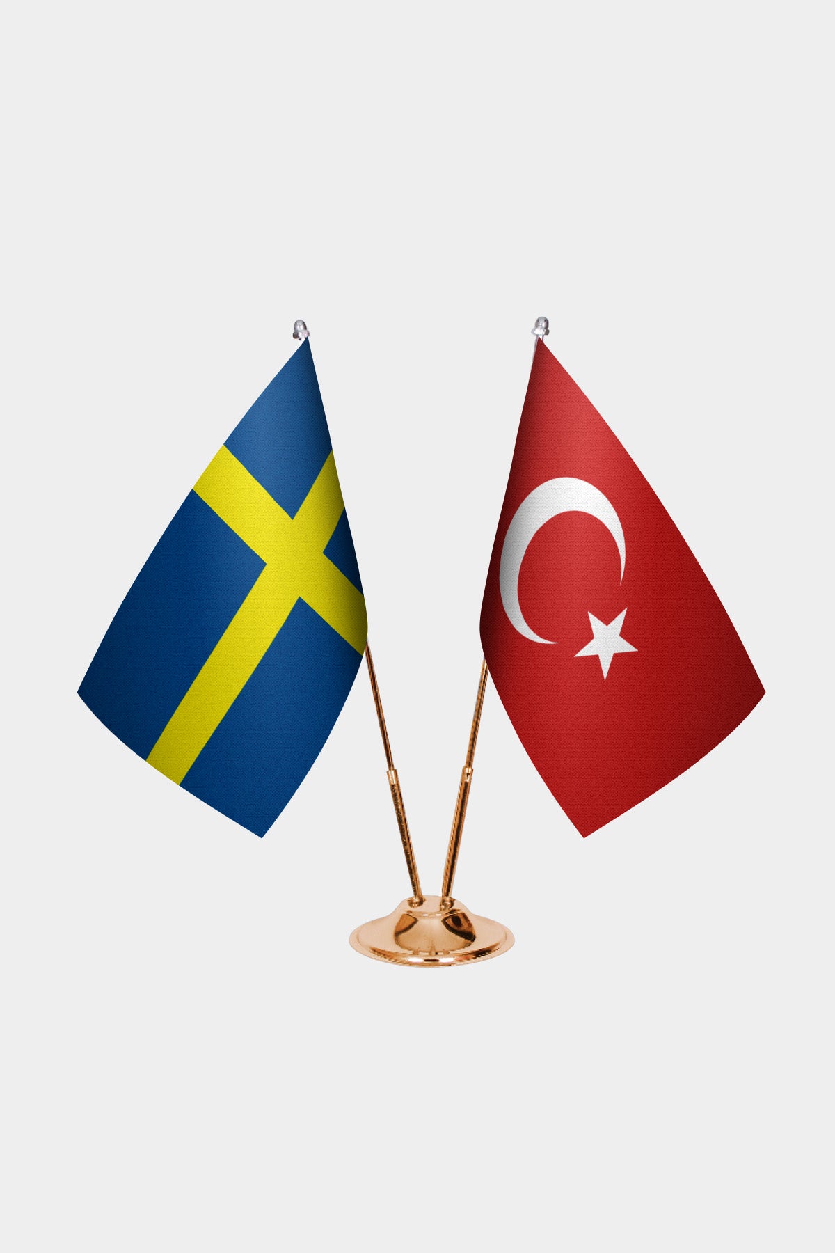Sweden and Turkey desk flag set with gold pole and base