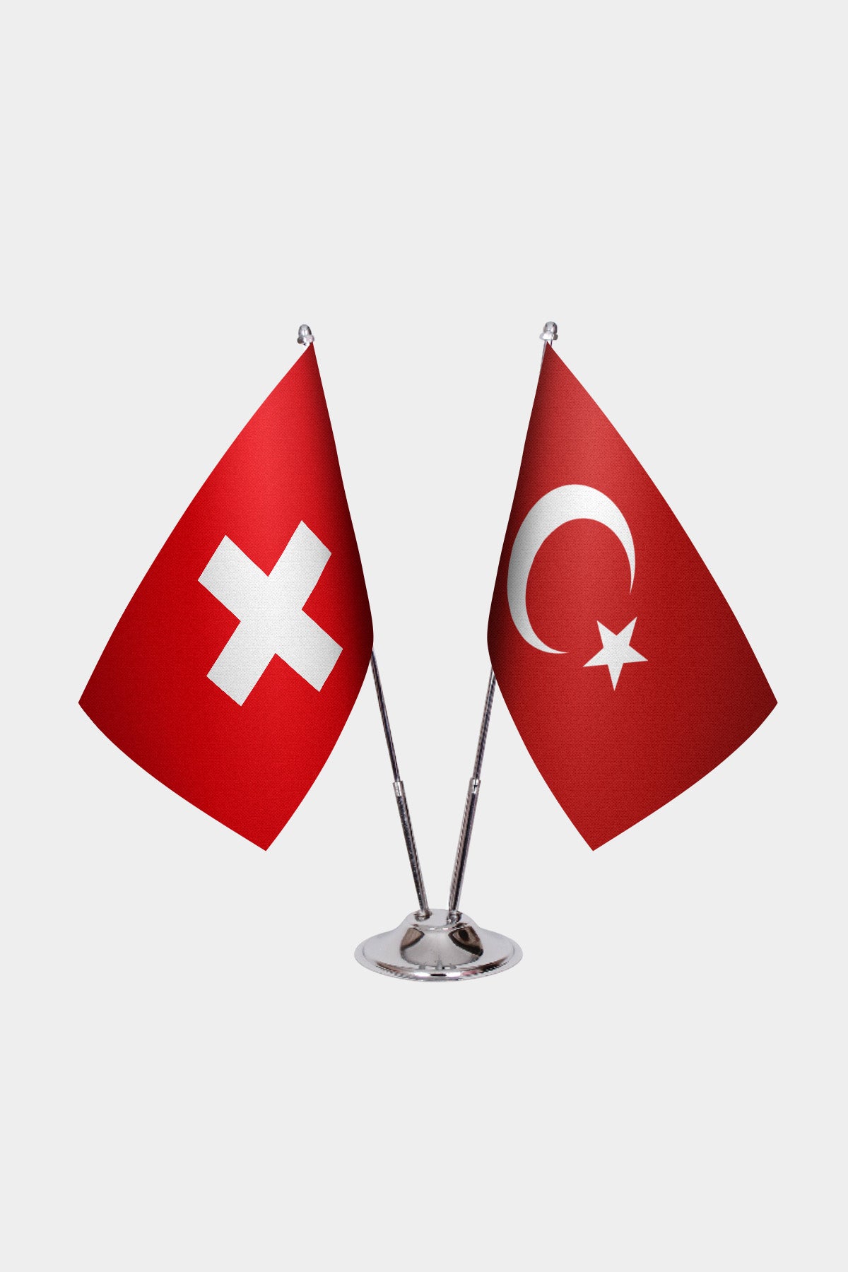 Switzerland and Turkey desk flag set with chrome pole and base