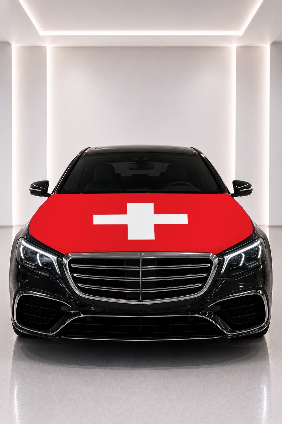 Switzerland flag car hood cover fitted on a black car bonnet