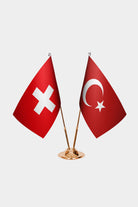 Switzerland and Turkey desk flag set with gold pole and base