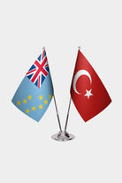 Tuvalu and Turkey desk flag set with chrome pole and base