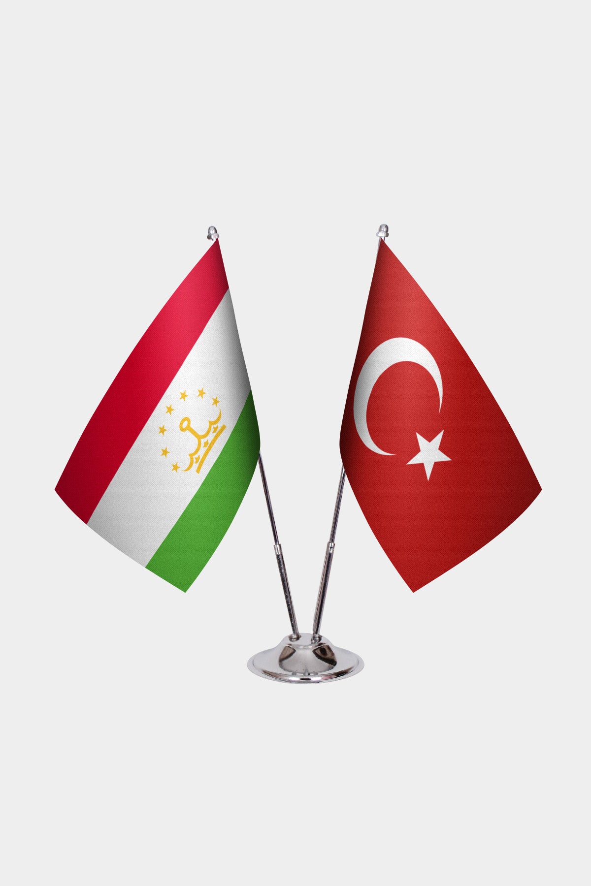 Tajikistan and Turkey desk flag set with chrome pole and base