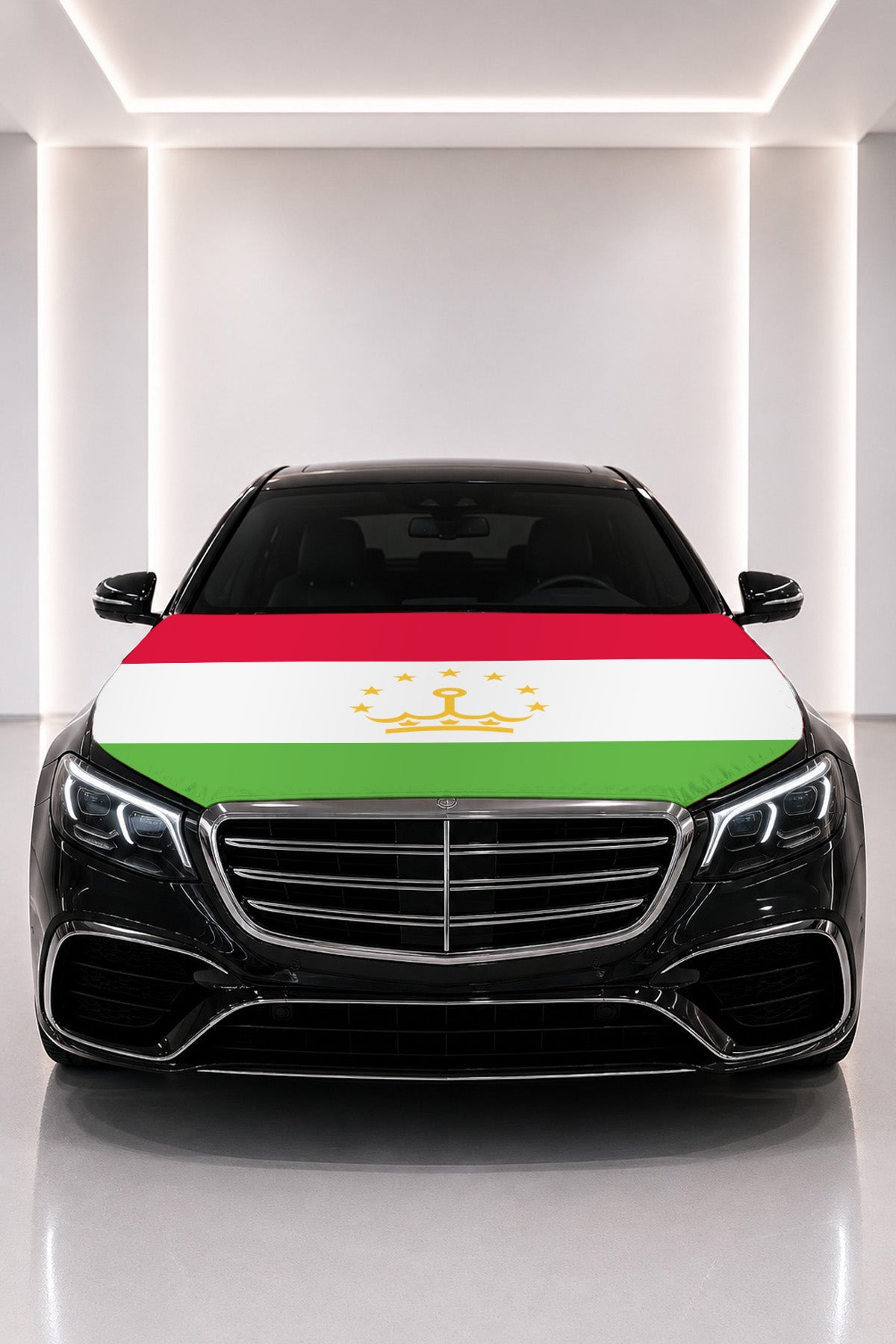 Tajikistan flag car hood cover fitted on a black car bonnet