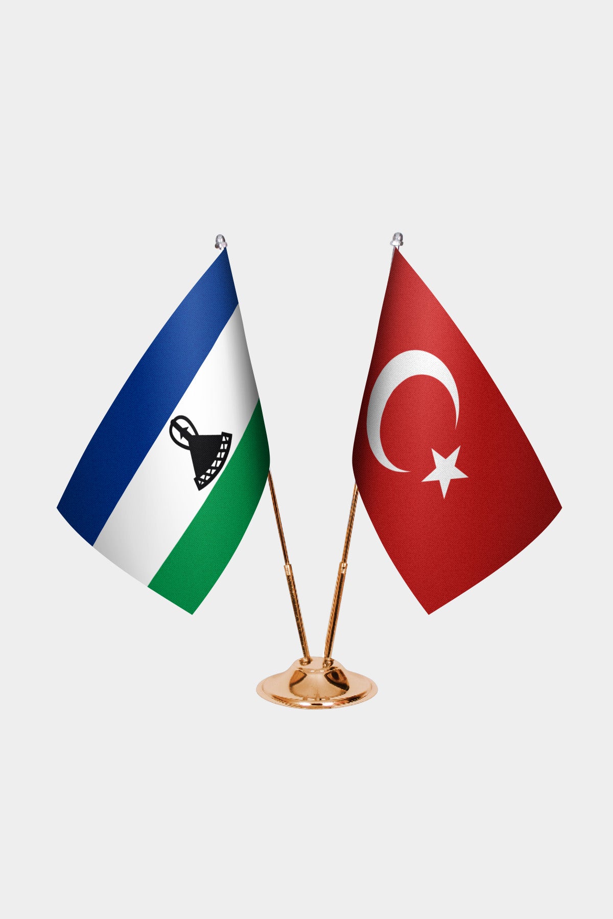 Lesotho and Turkey desk flag set with gold pole and base