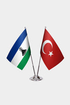 Lesotho and Turkey desk flag set with chrome pole and base