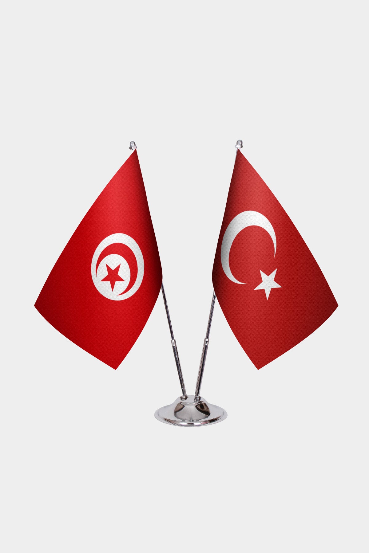 Tunisia and Turkey desk flag set with chrome pole and base