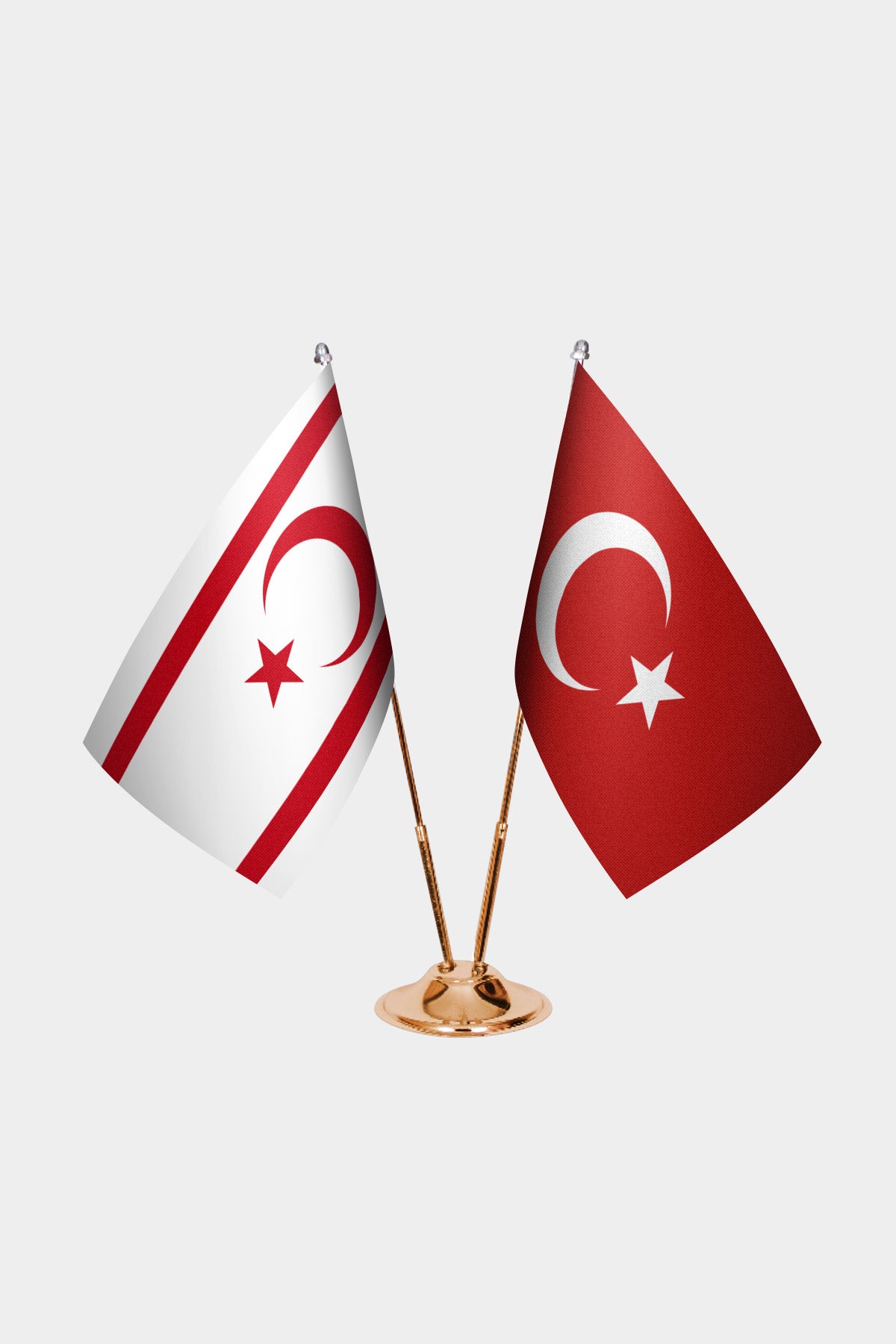 Turkish Republic of Northern Cyprus and Turkey desk flag set with gold pole and base