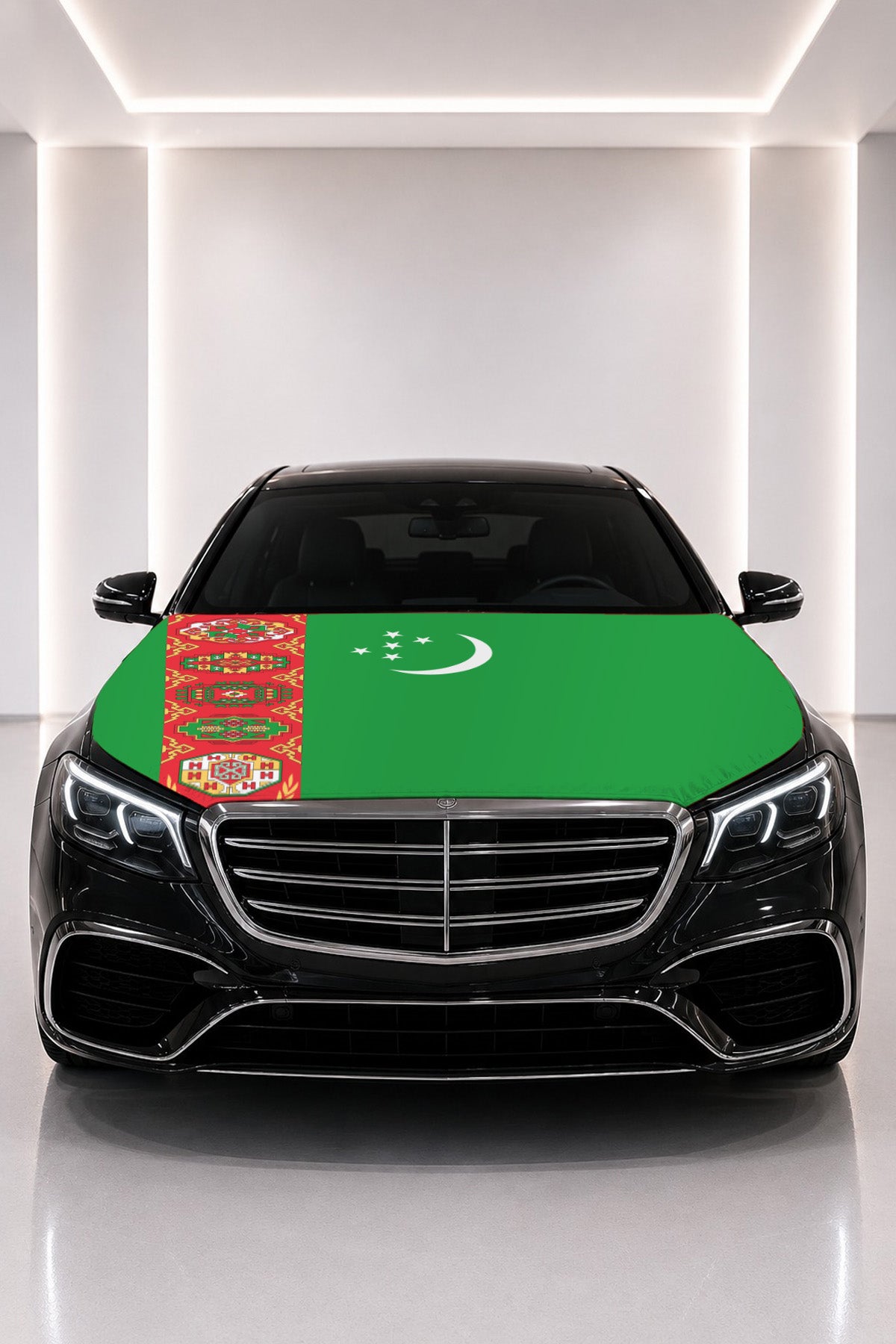 Turkmenistan flag car hood cover fitted on a black car bonnet