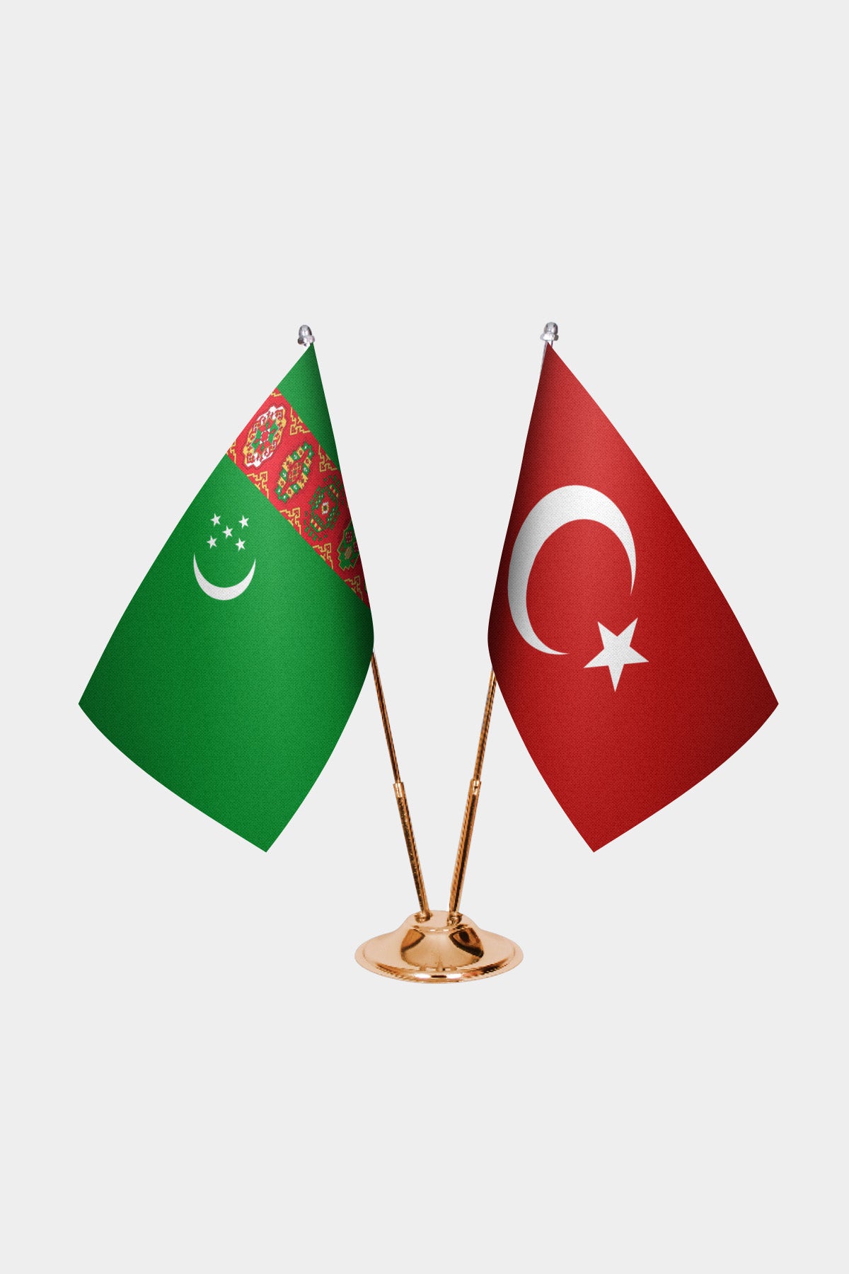 Turkmenistan and Turkey desk flag set with gold pole and base