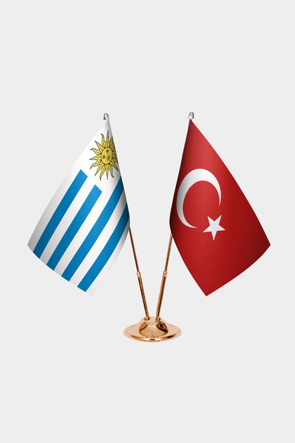 Uruguay and Turkey desk flag set with gold pole and base