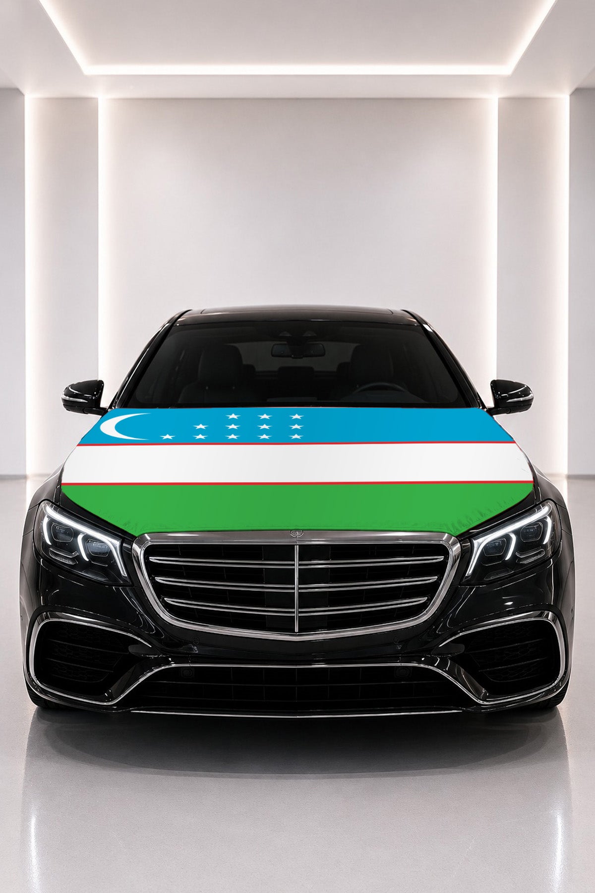 Uzbekistan flag car hood cover fitted on a black car bonnet