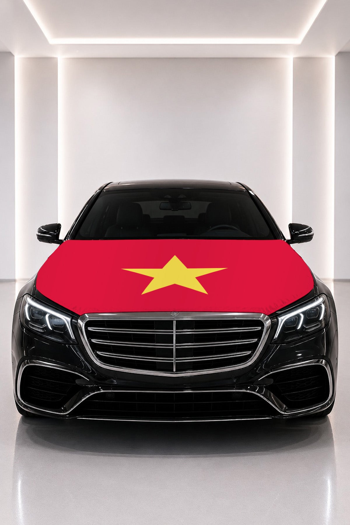 Vietnam flag car hood cover fitted on a black car bonnet